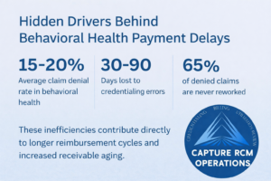 Infographic showing key statistics behind behavioral health payment delays, including average denial rates, credentialing delays, and unworked denied claims.