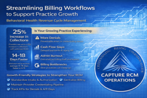 Infographic illustrating billing workflow bottlenecks and growth strategies for behavioral health practices, including denial rates, cash flow gaps, and credentialing delays.