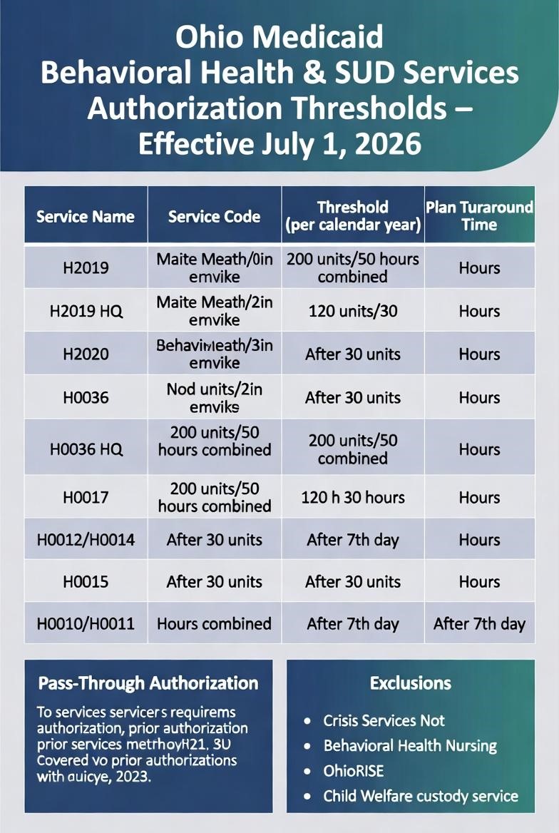 Ohio Medicaid behavioral health and substance use disorder service authorization thresholds effective July 1, 2026, showing service codes, utilization limits, turnaround times, and authorization exemptions.