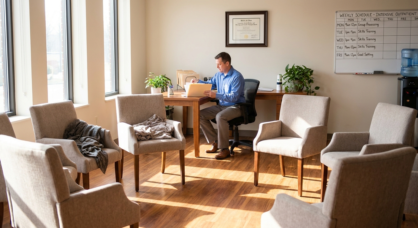 Empty group therapy chair circle in bright behavioral health clinic room with counselor reviewing charts at desk in background