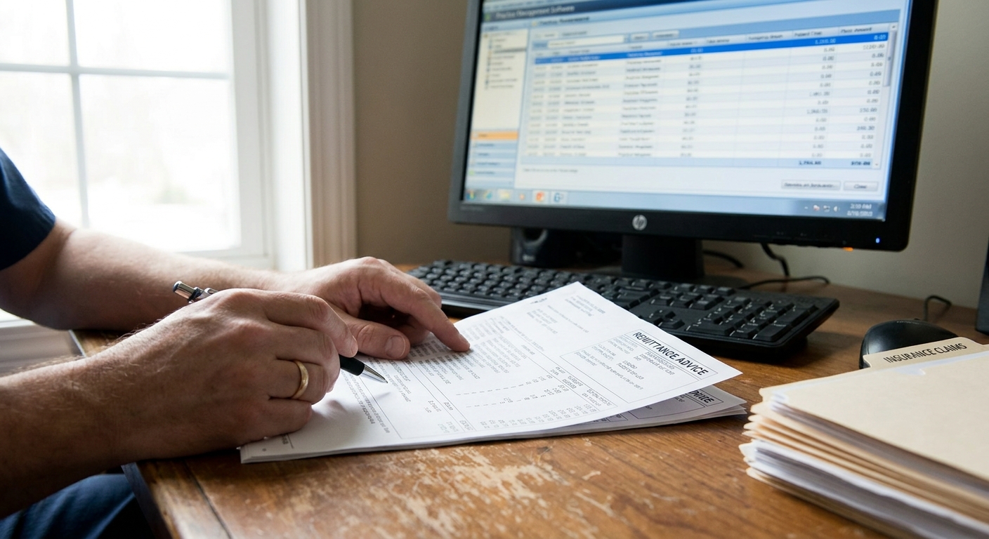 Medical billing specialist reviewing remittance advice and posting payments to practice management system
